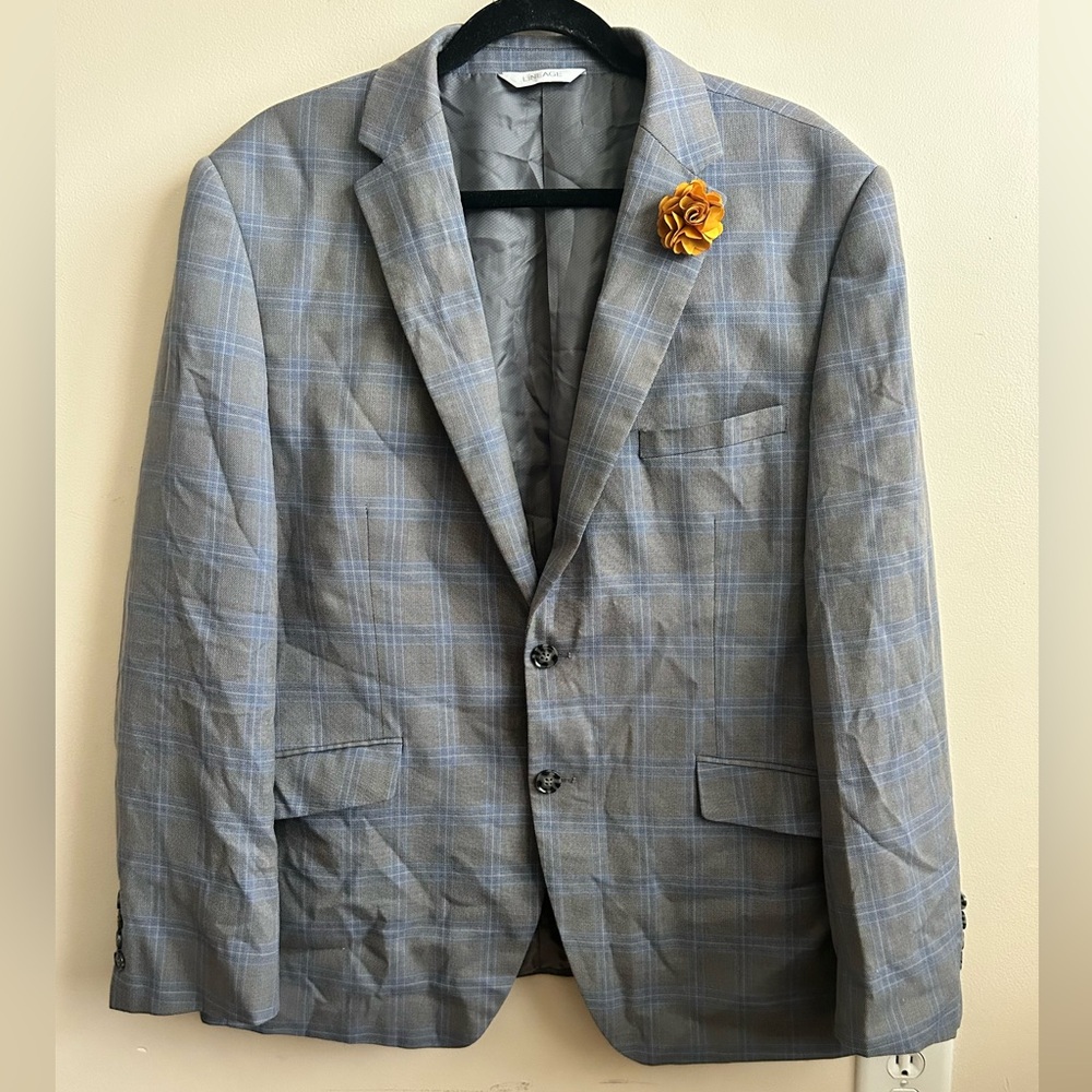 Lineage Mens Grey And Blue Plaid Blazer Suit Jacket 46 R